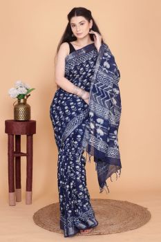 Blue White Hand Block Printed Linen Cotton Saree From Rajasthan