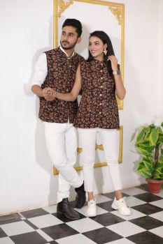 Black Red Pure Hand Block Printed Cotton Jacket Couple Set