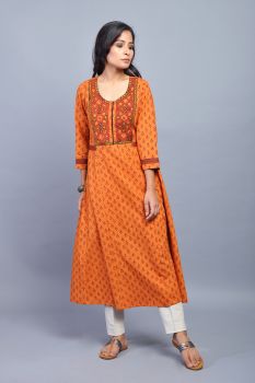 Rust Block Printed Cotton Kurta with Patchwork
