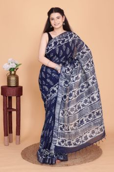 Blue White Hand Block Printed Linen Cotton Saree From Rajasthan
