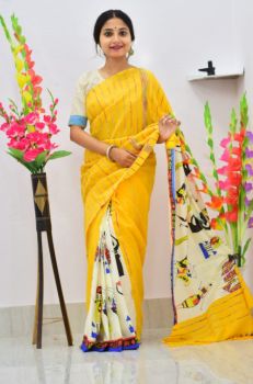 Yellow Pure Handloom Khesh Cotton Saree From Bengal