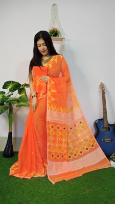 Sunrise Orange Pure Handloom Dhakai Jamdani Saree From Bengal