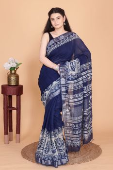 Blue Hand Block Printed Linen Cotton Saree From Rajasthan