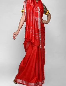 Red Plain Hand Woven Linen Saree