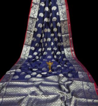 Dark Blue Katan Silk Party Wear Saree From Bengal