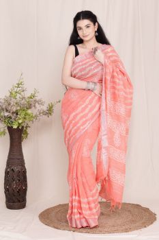 Peach Hand Block Printed Linen Cotton Saree From Rajasthan