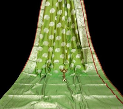 Light Olive Green Katan Silk Party Wear Saree From Bengal