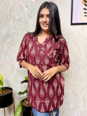 Grape Purple Pure Handloom Printed Kurti From Bengal