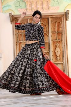 Black Red Hand Block Printed Cotton Top Skirt With Dupatta