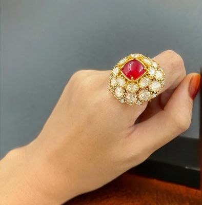Red Stone Ring Moissanite Doublet Ring