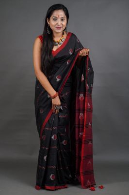 Black Pure Handloom Cotton Saree From Bengal