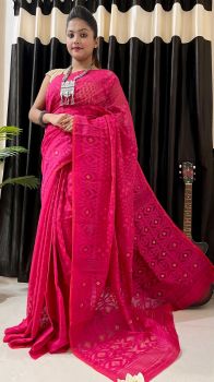 Pink Buti Design Pure Handloom Dhakai Jamdani Saree