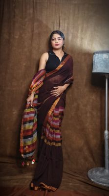 Brown Pure Handloom Linen By Linen Saree From Bengal