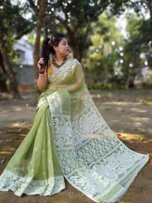 Mehandi Green Pure Handloom Dhakai Jamdani Saree From Bengal