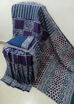 Navy Blue Hand Block Printed Work Saree
