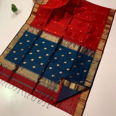 Red Blue Pure Handloom Maheshwari Silk Cotton Saree From Bengal