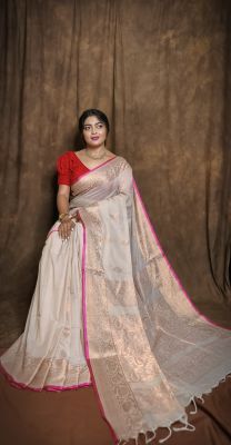 Off White Pure Handloom Banarasi Silk Saree From Bengal