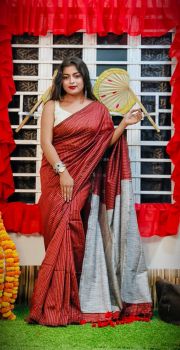 Cherry Red Pure Handloom Cotton Saree From Bengal
