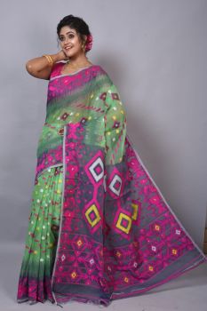 Light Green Pure Handloom Dhakai Jamdani Cotton Ikkat Saree From Bengal