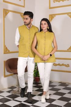 Light Yellow Pure Hand Block Printed Cotton Jacket Couple Set