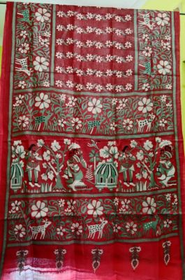 Brick Red Pure Handloom Kantha Silk Saree From Bengal