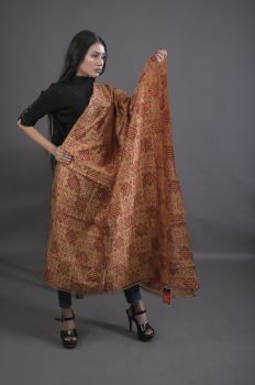 Burnt Yellow Pure Handloom Katha Stitch Dupatta From Bengal