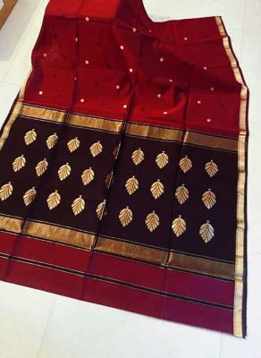 Maroon Black Pure Handloom Maheshwari Silk Cotton Saree From Bengal