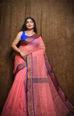 Coral Pure Handloom Cotton Saree From Bengal