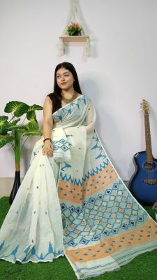 Off White Pure Handloom Dhakai Jamdan Saree From Bengal