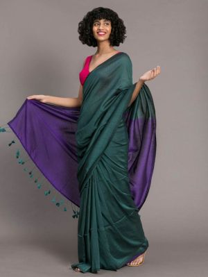 Teal Blue Pure Handloom Cotton Saree From Bengal