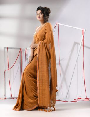 Biscuit Brown Pure Handloom Cotton Saree From Bengal