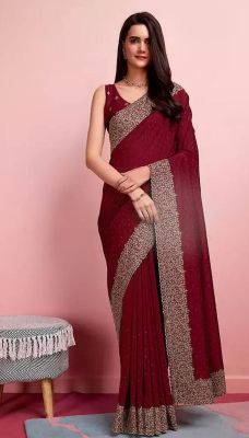Maroon Pure Handloom Embellished Silk Saree From Banaras