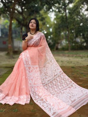 Coral Pure Handloom Dhakai Jamdani Saree From Bengal
