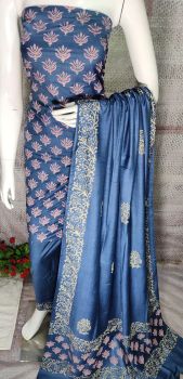 Blue Katan Slub Block Print Suit Dress Material