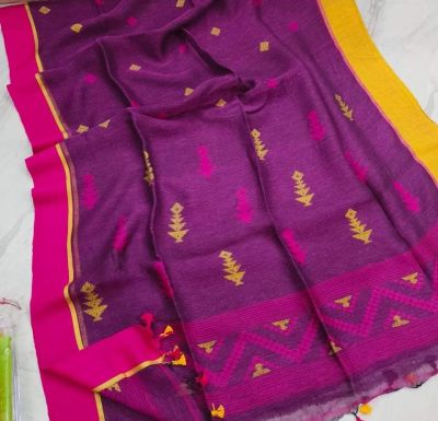 Purple Pure Handloom Linen By Linen Saree From Bengal