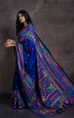 Midnight Blue Handloom Kantha Stitch Saree From Bengal