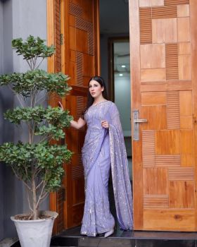 Light Purple Sequence Embroidery Work Georgette Saree