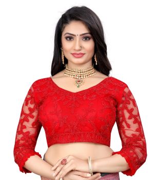 Red Nylon Net With Cording Embroidery Blouse