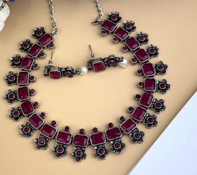 Silver Pure Oxidised Necklace With Red Stone Jewellery