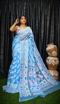 Dark Sky Blue Pure Handloom Jamdani Saree From Bengal