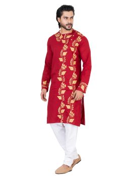 Red Pure Handloom Kantha Stitch Cotton Kurta