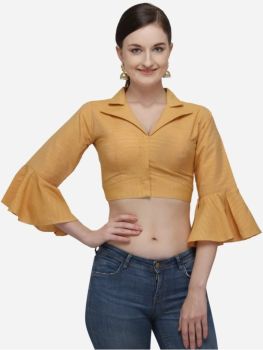 Mustard Cotton Work Shirt Collar Party Wear Blouse