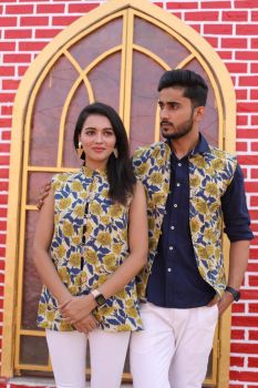 Yellow Blue Pure Hand Block Printed Cotton Jacket Couple Set