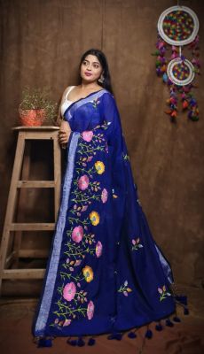 Navy Blue Pure Handloom Silk Cotton Saree From Bengal