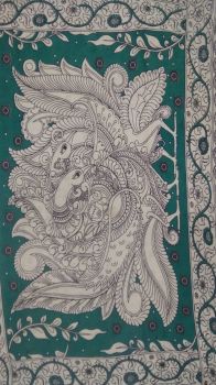 Bottle Green & Offwhite Kalamkari Cotton Saree