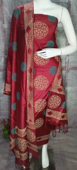 Brick Red Circle Design Katan Slub Block Print Suit Dress Material