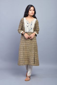 Olive Green Cotton Handpainted Kurta