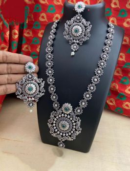Green Long Pendent German Silver Oxidised Jewellery