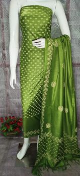 Olive Green Katan Slub Block Print Suit Dress Material