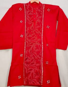 Red Pure Handloom Kantha Stitch Punjabi Kurta From Bengal